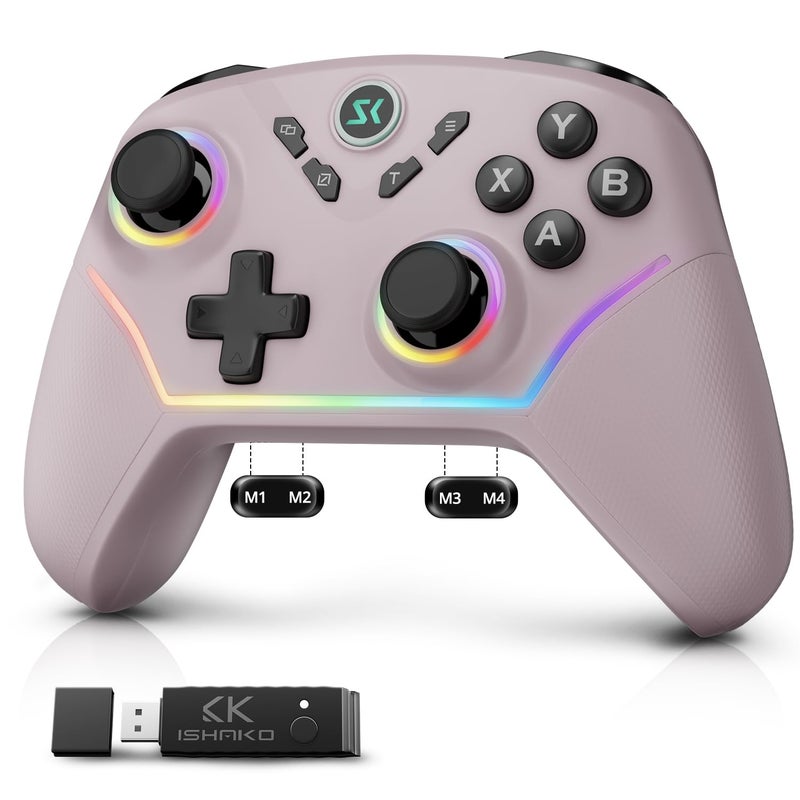 ISHAKO Wireless Gaming Controller – 1000Hz Polling, 1200mAh Battery PC Controller, Back Buttons, Hall effect Joystick, Hall Triggers, 3-Mode Triggers 2.4G&Bluetooth Controller for PC/Steam/iPhone/Android/Switch -Metallic Berry Powder - Image 1